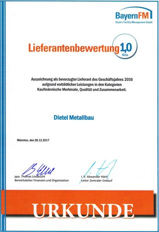 Urkunde der Firma Dietel Metallbau